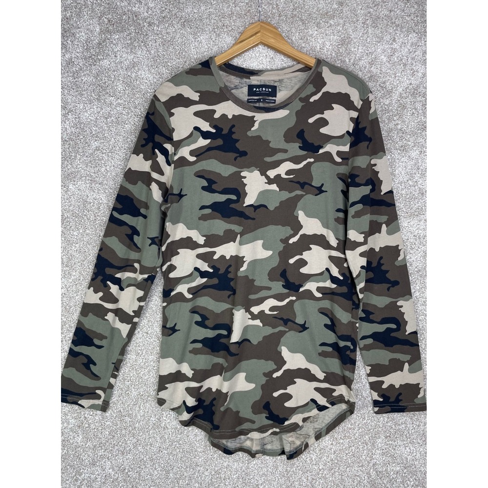 PacSun Camo Long Sleeve Tee Mens S Green Brown Stretch Streetwear Retro Pullover